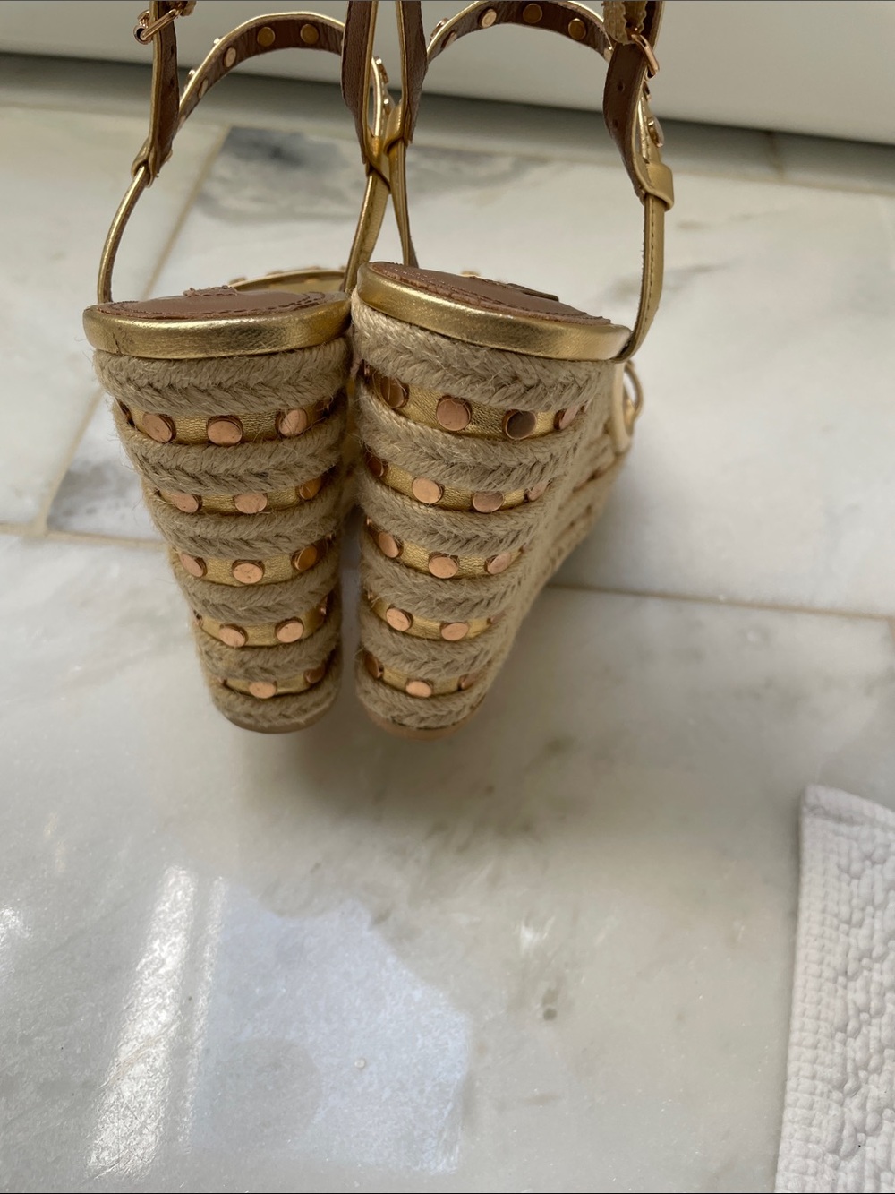 BCBGMaxAzria Gold Metallic Espadrille Wedge Sandals - Picture 3 of 5